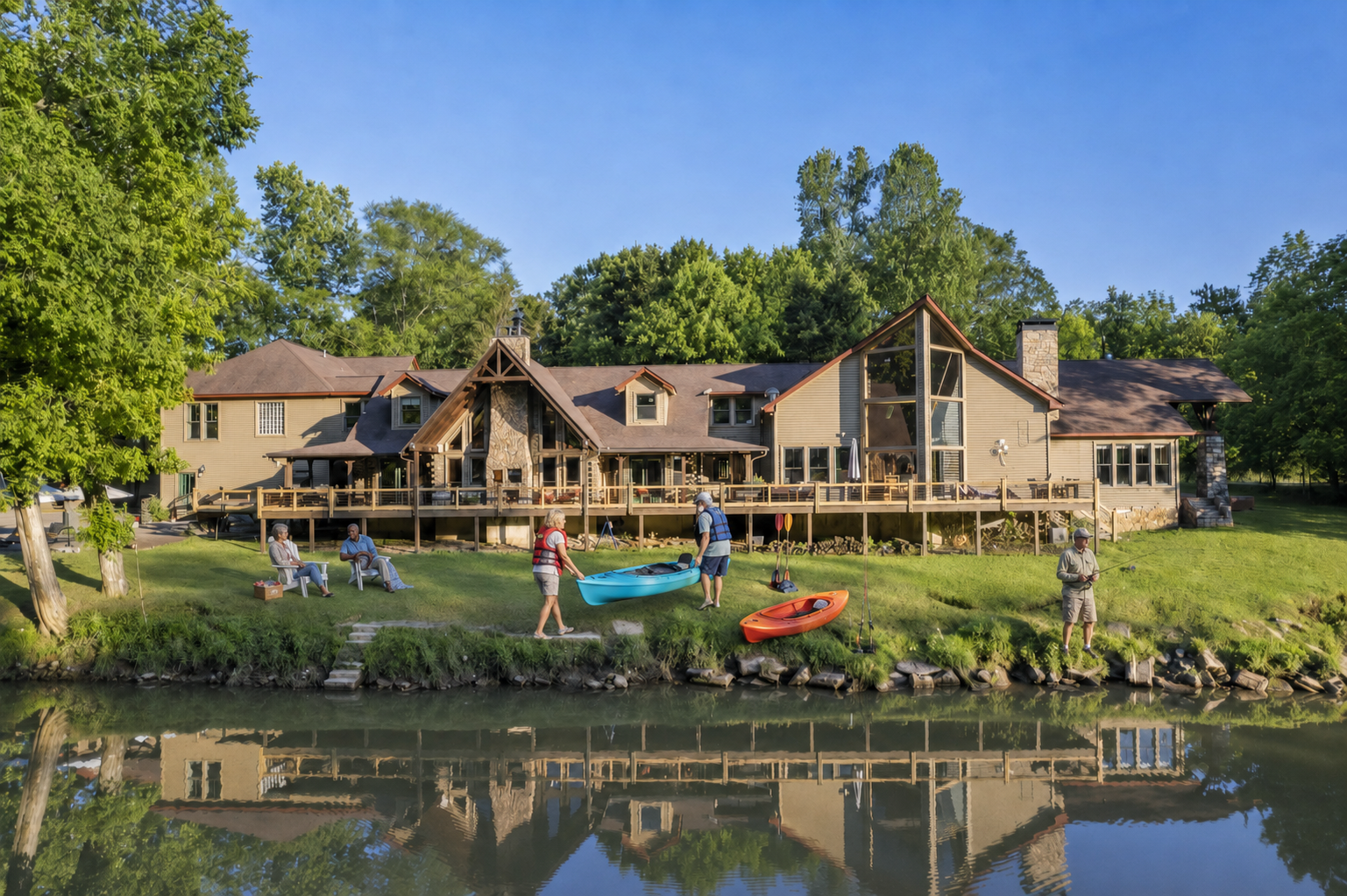 Concept visualization of retreat guests kayaking, fishing and relaxing
